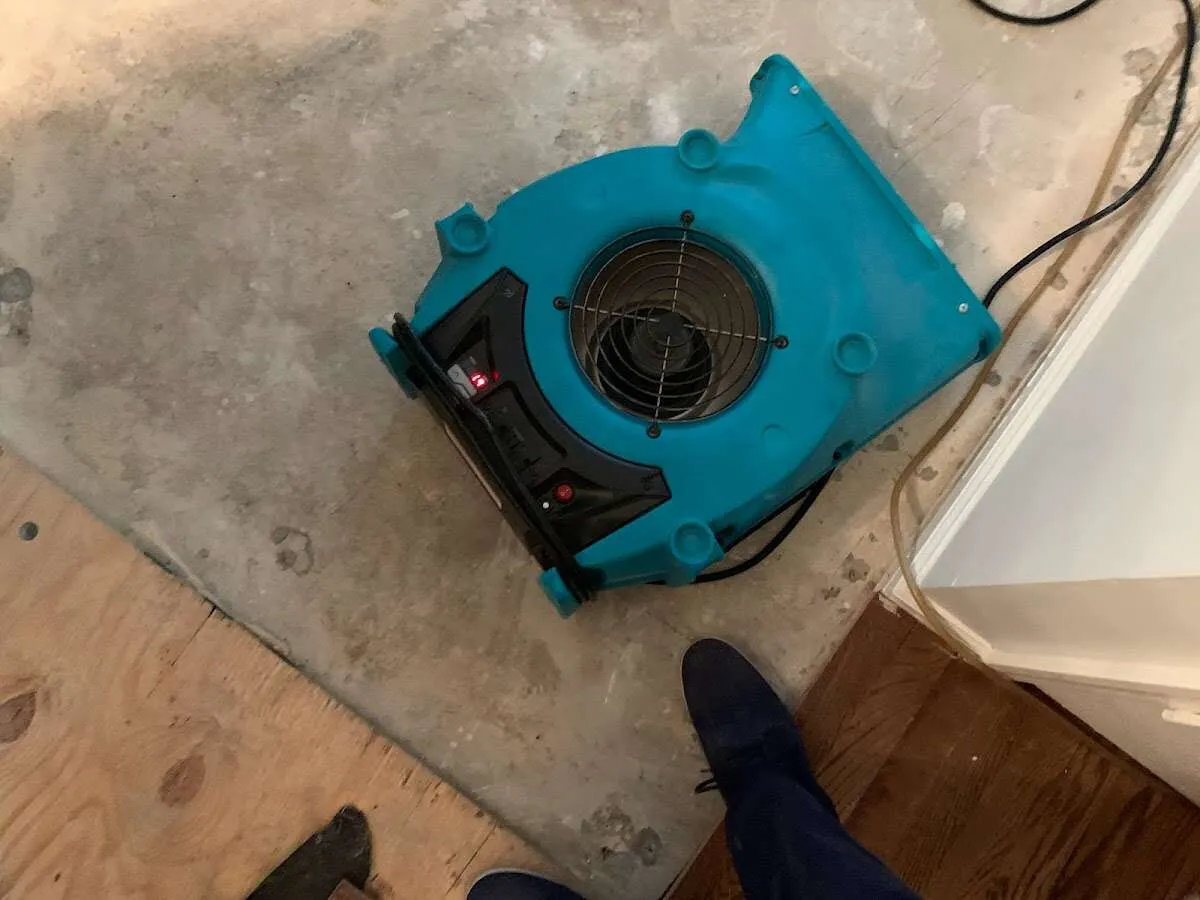 Air mover drying subfloor during Commercial Water Damage Restoration in West Norriton